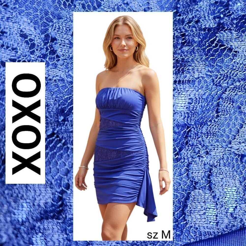 XOXO Blue Evening Cocktail Formal Strapless Gathered Lace Accents Mini Dress